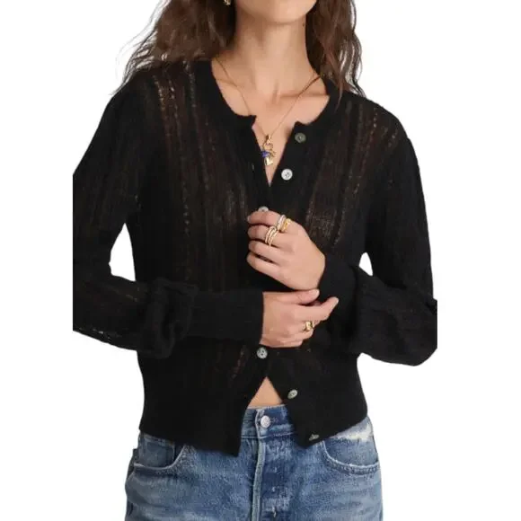Madewell Pointelle Stitch Cardigan Women Size M Black Alpaca Blend NW803 New - Picture 2 of 10